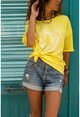 Kadın Sarı Yıkamalı Kolu Fileli Baskılı Salaş T-Shirt GK-RSD2045