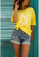 Womens Yellow Washed Sleeve Mesh Printed Loose T-Shirt GK-RSD2045