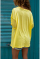 Womens Yellow Washed Sleeve Mesh Printed Loose T-Shirt GK-RSD2045