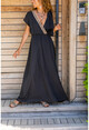 Womens Black Airobin Shoulder Buckled Straw Detailed Waist Pleated Long Dress BST3127