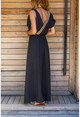 Kadın Siyah Airobin Omzu Tokalı Hasır Detaylı Beli Büzgülü Uzun Elbise BST3127