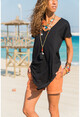 Womens Black Asymmetrical Cut V-Neck T-Shirt GK-JR216