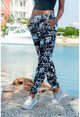 Womens Black Printed Elastic Trousers GK-YS207