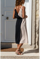 Kadın Siyah-Bej Hasır Askılı Kruvaze Color Block Airobin Elbise BST2922