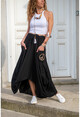 Womens Black Tie Waist Asymmetric Cut Pocket Embroidered Loose Skirt GK-RSD2040