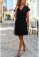 Womens Black Linen Dress With Pleated Waist Collar Slit GK-BST2874