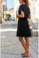 Womens Black Linen Dress With Pleated Waist Collar Slit GK-BST2874