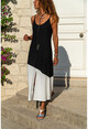 Kadın Siyah-Beyaz Asimetrik Bloklu Yırtmaçlı Askılı Uzun Elbise GK-BST2898