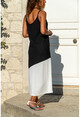 Kadın Siyah-Beyaz Asimetrik Bloklu Yırtmaçlı Askılı Uzun Elbise GK-BST2898