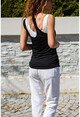 Kadın Siyah-Beyaz Askılı Asimetrik İkili T-Shirt GK-CCKCC4007