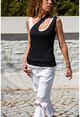 Kadın Siyah-Beyaz Askılı Asimetrik İkili T-Shirt GK-CCKCC4007