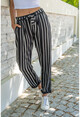 Kadın Siyah-Beyaz Çizgi Desen Dar Paça Kendinden Kemerli Pantolon CCKCC5007