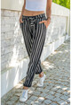 Womens Black-White Line Pattern Slim Leg Self Belt Trousers CCKCC5007