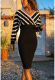 Womens Black-White Double Breasted Belted Knitwear Dress GK-URZ104