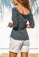 Kadın Siyah-Beyaz Öpücük Yaka Omzu Lastikli Bluz GK-BST2915