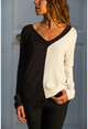 Womens Black and White V-Neck Color Block Sweater GK-MRL6