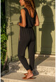 Kadın Siyah Cebi Hasır Detaylı Beli Ve Paçası Lastikli Krep Tulum GK-BST2882