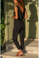 Womens Black Crepe Overalls With Pocket Straw Detailed Waist And Elastic Hem GK-BST2882