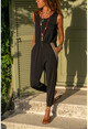 Kadın Siyah Cebi Hasır Detaylı Beli Ve Paçası Lastikli Krep Tulum GK-BST2882