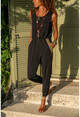 Womens Black Crepe Overalls With Pocket Straw Detailed Waist And Elastic Hem GK-BST2882