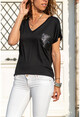 Womens Black Pocket Sequin T-Shirt GK-JR405