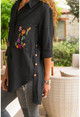 Womens Black Pockets Embroidered Side Button Shirt GK-AYN1715