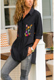 Womens Black Pockets Embroidered Side Button Shirt GK-AYN1715