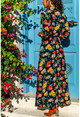 Kadın Siyah Çiçek Desenli Gömlek Elbise BST2366
