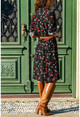 Kadın Siyah Çiçek Desenli Gömlek Elbise BSTK4333
