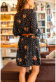 Kadın Siyah Çiçek Desenli Kolu Volanlı Elbise BST2156