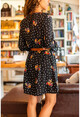 Womens Black Floral Patterned Sleeve Ruffle Dress BST2156