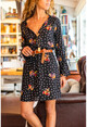 Kadın Siyah Çiçek Desenli Kolu Volanlı Elbise BST2156