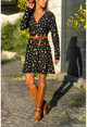 Kadın Siyah Çiçek Desenli Kruvaze Elbise BSTT4010-1030
