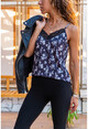 Kadın Siyah Çiçekli Dantelli Askılı Bluz BST30kT4011-1400