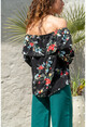 Womens Black Floral Ruffle Detailed Madonna Blouse BST2180