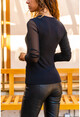 Kadın Siyah Desenli Tül Garnili Bluz BST30kT4007-1360