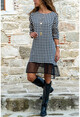 Womens Black-Plaid Skirt Lace Detailed Dress BSTH5062