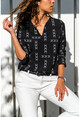 Womens Black Ethnic Patterned Crepe Blouse with Slit Collar BST2253