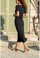 Kadın Siyah Fermuarlı Yırtmaçlı U Yaka Elbise BSTK4083