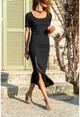 Kadın Siyah Fermuarlı Yırtmaçlı U Yaka Elbise BSTK4083