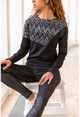 Kadın Siyah-Gri Simli Garnili Color Block Sweatshirt GK-BST2804