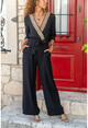 Womens Black Straw Detailed Self Belt Pocket Airobin Jumpsuit GK-BST2946