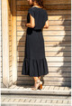 Womens Black Straw Embroidered Skirt Ruffle Long Dress GK-BST2556