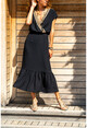 Kadın Siyah Hasır İşlemeli Eteği Fırfırlı Uzun Elbise GK-BST2556