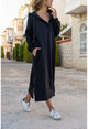 Kadın Siyah Kapüşonlu Fermuarlı İçi Polar Oversize Sweat Elbise GK-TD1985