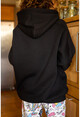 Womens Black Hooded Zippered Inner Fleece Oversize Sweat shirt GK-TD1987