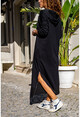 Kadın Siyah Kapüşonlu Fermuarlı Oversize Sweat Elbise GK-TD1986