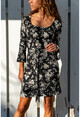 Kadın Siyah Kare Yaka Desenli Krep Elbise BSTT4011-1370