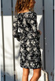 Kadın Siyah Kare Yaka Desenli Krep Elbise BSTT4011-1370