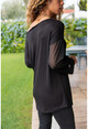 Kadın Siyah Kayık Yaka Kolu Tül Bluz GK-BST30kT4006-1100